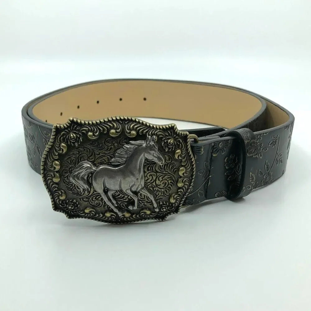 Women's Black Faux Leather Western Belt w/ Horse Buckle, 36.5-45.5 in, X7G9A966